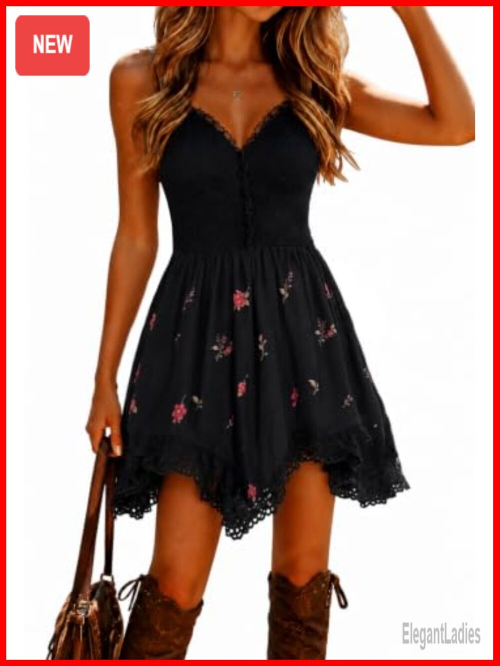 Western Spaghetti Strap Floral Mini Dress Deep V Neck Backless High Low Lace